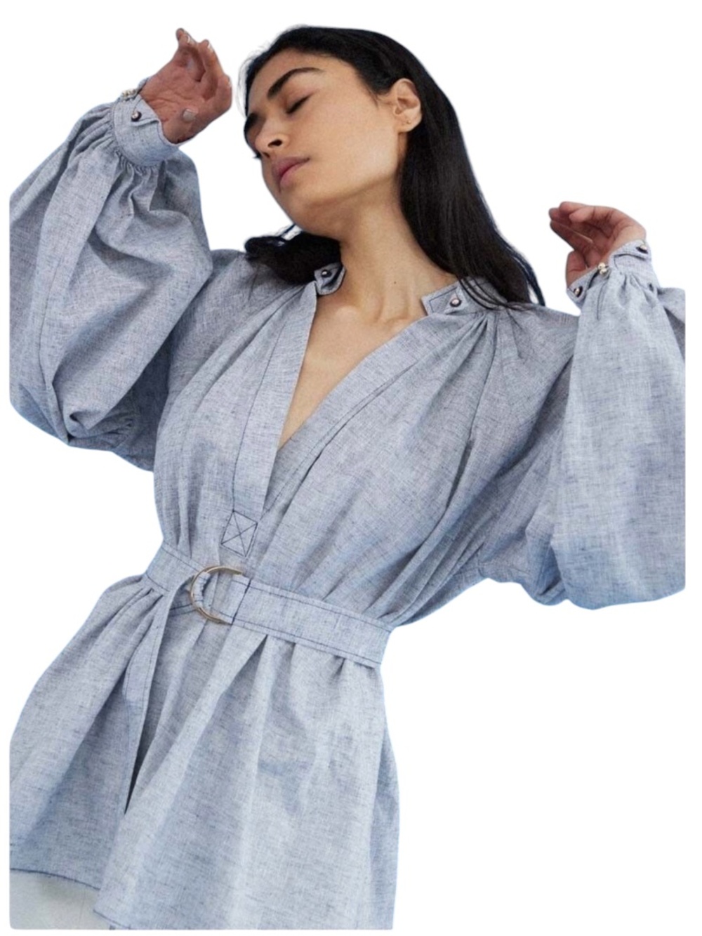 ACLER SOMERTON BLOUSE OCEAN BLUE V NECK BELTED W STATEMENT SLEEVES - NWT